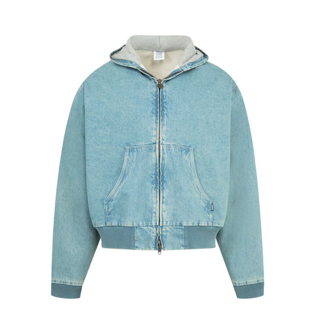 Image 1 of 2 - BLUE - VETEMENTS Hooded Workwear Denim Jacker featuring front zip fastening, kangaroo pockets, hood and ribbed hem and cuffs. Cotton.