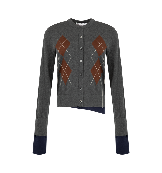 Image 1 of 2 - GREY - Acne Studios Double-Layered Cardigan is crafted from a lightweight silk, cashmere, and wool blend and features a seasonal argyle pattern, button-front closure, and double-layered construction with signature loose thread detailing. This designer cardigan combines luxurious comfort with contemporary Scandinavian design, finished with an Acne Studios logo at the back neckline and a regular, below-the-waist fit. Main Material: 70% Silk, 10% Cashmere, 20% Wool.