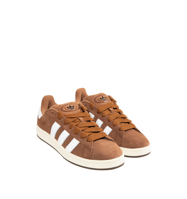 Image 2 of 5 - BROWN - Adidas Campus 00's shoes in an iconic silhouette updated in modern materials, colors and proportions. Featiring a premium leather upper lined with soft textile terry fabric, off-white midsole, rubber outsole and lace closure. Unisex style in men's sizes.