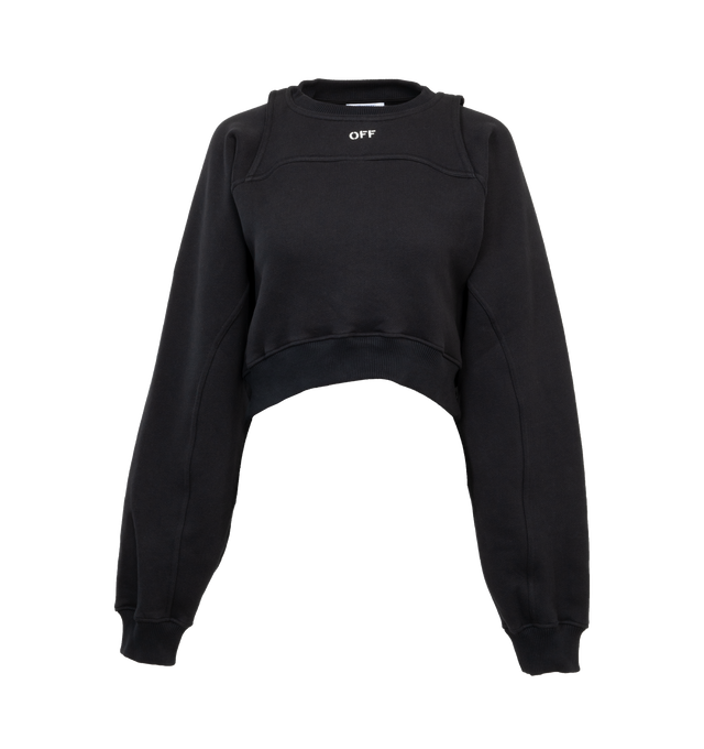 Image 1 of 3 - BLACK - OFF-WHITE Off-Stamp Round Cropped Crewneck featuring logo-embroidered detail at front, crew neckline, long sleeves, cropped at the midriff, relaxed fit and pullover style. 100% cotton. Made in Italy. 