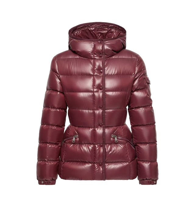 Image 1 of 1 - RED - Moncler Womens Barante Hooded Short Down Jacket is crafted from nylon with a nylon lining and down-filled construction. Features an adjustable hood, zipper and snap-button front closure, zipped pockets, adjustable cuffs, and signature logo patch detailing. Exterior: 100% Polyamide / Nylon; Lining: 100% Polyamide / Nylon; Hood Lining: 100% Polyamide / Nylon; Padding: 90% Down, 10% Feather. Made in Moldova or Romania.
