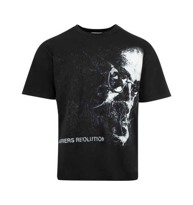 Image 1 of 2 - BLACK - BARRIERS Educated Human Tee featuring relaxed-fit, stonewashed, short sleeves, crewneck, graphic texts at back and graphic Malcolm print with logo text at front. 100% cotton.