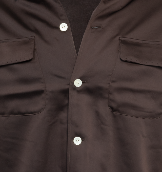 Image 3 of 3 - BROWN - SECOND LAYER Boulevard Long Sleeve Shirt featuring exagerated cowboy collar, front button closure with pearl buttons and relaxed fit. Cotton.   