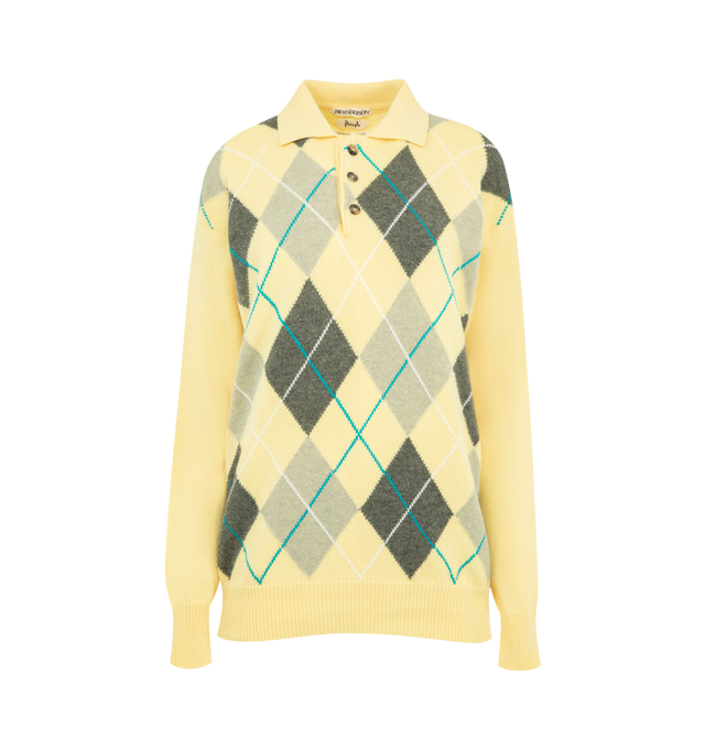 Image 1 of 2 - YELLOW - JW ANDERSON x Pringle Knit Argyle Polo Sweater featuring Scottish spun wool, a relaxed fit, Pringle's signature argyle design, rib trims, a three-button placket with horn buttons, and custom JW Anderson colouration. Made in Scotland as part of the Pringle collaboration. 100% wool. Made in United Kingdom.