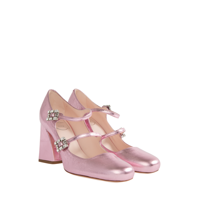 Image 2 of 4 - PINK - ROGER VIVIER Mini Trs Vivier Strass Buckle Babies Pumps featuring crinkled effect metallic finishing, rounded toe, double front strap and mini crystal buckles. Heel 3.3in. Leather upper. Leather insole and outsole. Made in Italy. 