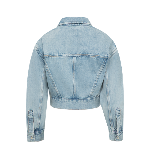 Image 2 of 2 - BLUE - WARDROBE.NYC Denim Crop Jacket featuring square shoulders, straight hem, front and back yoke, flap pockets on front, button closure and button cuffs. 100% cotton. Made in Turkey.