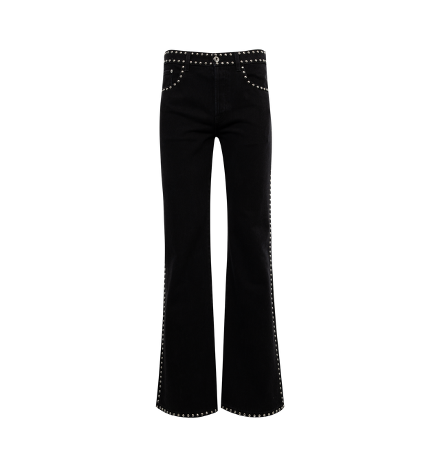 Image 1 of 3 - BLACK - LANVIN LAB x FUTURE Flared black denim jeans enhanced by silver-tone studs that highlight the seams.  Flared straight fit with five pockets, two patch pockets on the back, two on the sides and a gusset pocket, fastening with a metal button and belt loops. Woven 100% cotton denim. 