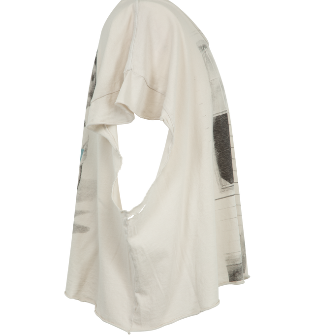 Image 3 of 3 - WHITE - Enfants Riches Deprimes Children of Unborn cut-off sleeve T-shirt crafted from light weight vintage texture cotton jersey. Featuring a boxy cropped fit, rib knit neckline, vintage wash process and distressing throughout, and printed artwork at the front and back. Made in USA.