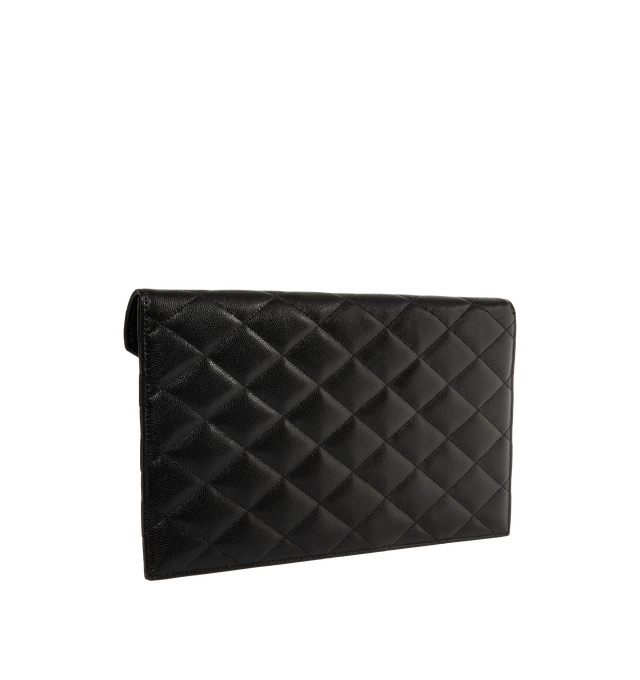 Image 2 of 3 - BLACK - Saint Laurent Womens Envelope Pouch is crafted from lambskin leather. Features the signature CASSANDRE logo, diamond-quilted topstitching, snap-button closure, cotton lining, and bronze-tone hardware. Dimensions: 27 16 1 cm. Main Material: Lambskin Leather; Hardware: Brass; Lining: Cotton. Made in Italy.