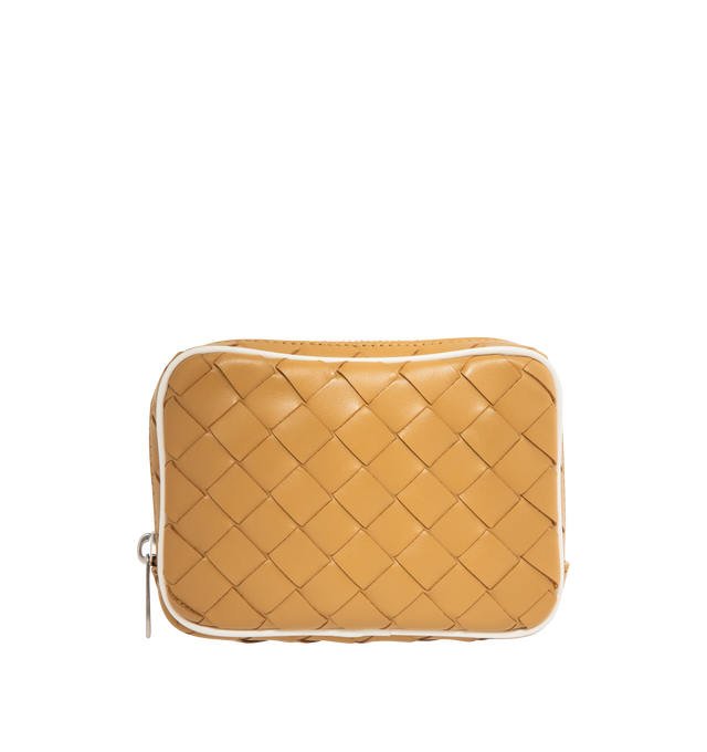 Image 1 of 4 - NEUTRAL - Bottega Veneta Teen zipped pouch in Intrecciato calf leather with contrasted piping. Features interior leather tag with embossed logo, zipper closure, canvas lining, silver finish hardware. Measures 3.9" high x 5.7" wide X 1.2" deep. Made in Italy.