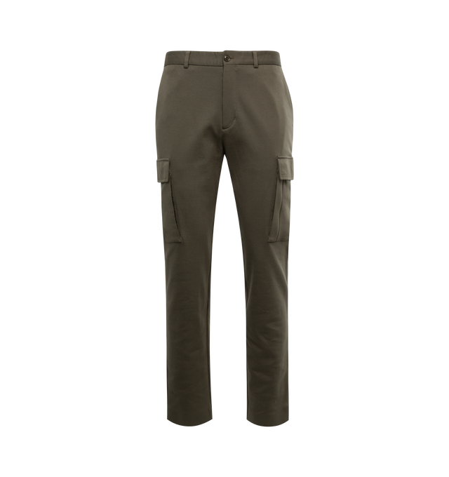 Image 1 of 3 - BROWN - MONCLER Cargo Trousers featuring zipper and snap button closure, side pockets, zipped back pocket and logo patch. 92% cotton, 8% polyamide/nylon. Made in Romania. 