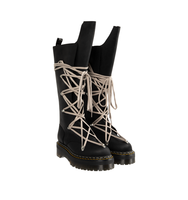 Image 2 of 4 - BLACK - RICK OWENS X DR. MARTENS Pentalace Boot featuring a side zip closure, contrasting front laces, round toe, leather and fabric lining, a textured rubber sole, oversized tongue and the signature AirWair with Bouncing Soles pull tab.