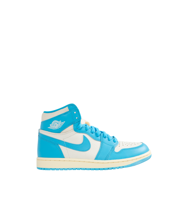 Image 1 of 5 - BLUE - JORDAN Air Jordan 1 Retro High OG Sneaker featuring high-top silhouette, genuine leather upper, classic Wings logo stamped on collar and a stitched-down Swoosh logo for heritage style, encapsulated Air-Sole units and rubber outsole.