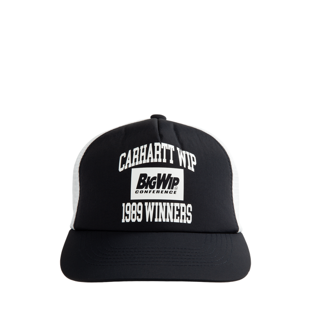 Image 1 of 2 - NAVY - Carhartt WIP Unisex 1989 Winners Trucker Cap is crafted from nylon and features a structured five-panel design with contrasting mesh panels, a firm curved brim, and graphic prints at the front. Designed with reinforced front panels, a lined front panel, and an adjustable snapback closure for a customizable fit. Main Material: 100% Nylon Dull Plain Taslan. Head Circumference: 5463 cm / 21.224.8 in.