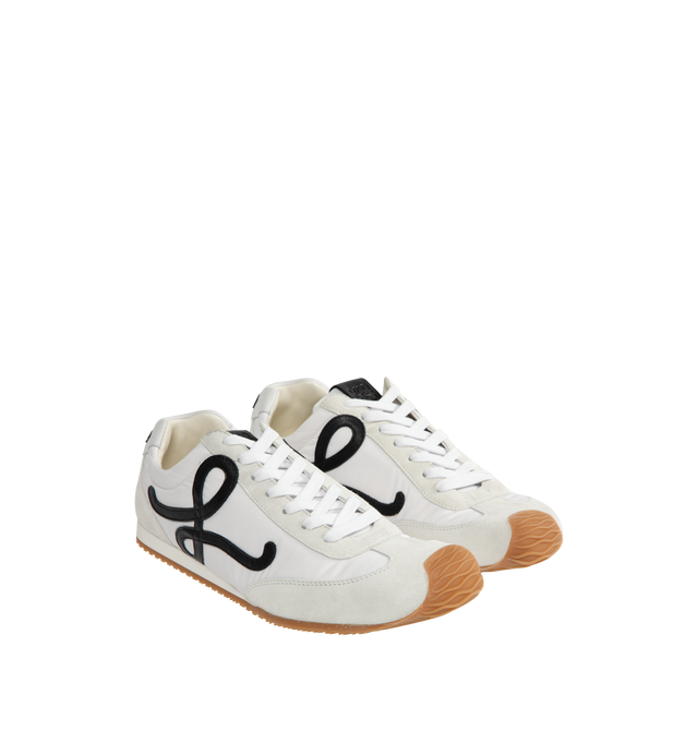Image 2 of 5 - WHITE - Loewe Men's Ballet Sneaker in nylon and calfskin featuring an asymmetrical toe shape, a sock-like internal structure and a lightweight rubber outsole that extends to the toecap. Features 20mm heel, white and tonal laces, L monogram at the side, embossed Anagram on the tongue, Injected rubber LOEWE on the heel tab. Made in Italy.