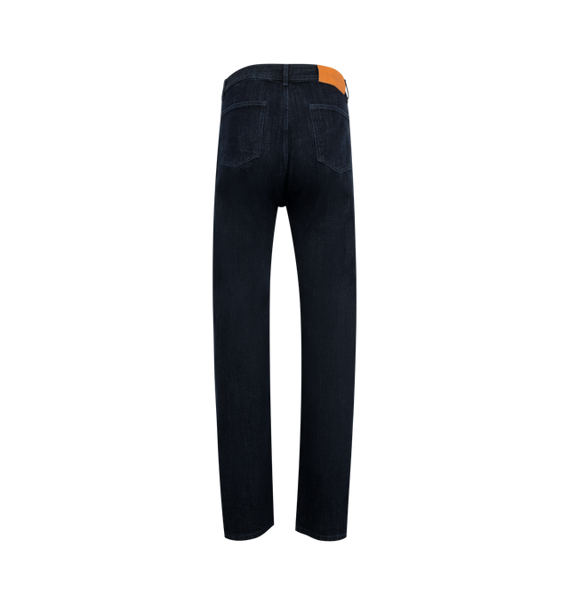 Image 2 of 3 - BLUE - SECOND LAYER Valluco Denim Jeans featuring standard fit, non-stretch, five-pocket style and contrasting leather logo patch at back waistband. 100% cotton.