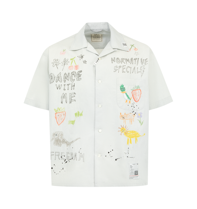 Image 1 of 3 - GREY - Maison Mihara Yasuhiro Men's Hand Drawing Short Sleeve Shirt is crafted from cotton and features an allover hand-drawn graphic print, a classic collar, button-down closure, short sleeves, and a relaxed silhouette for an artistic contemporary look. This designer short sleeve shirt combines lightweight comfort with Maison Mihara Yasuhiro's signature creative aesthetic, making it a standout piece for everyday styling. Main Material: 100% Cotton. Made in Japan.