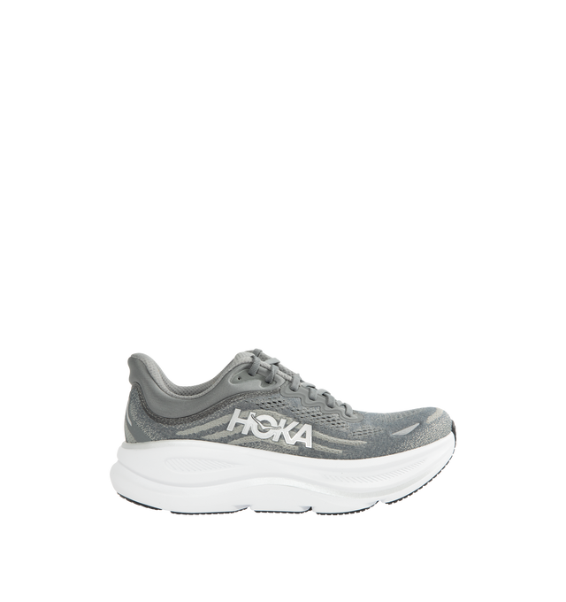 Image 1 of 5 - GREY - HOKA M Bondi 9 Sneaker featuring engineered mesh upper with rubber sole, lace-up front, foamed EVA midsole and increased stack height for maximum cushioning, zonal breathability, reflective detailing and cushioned tongue and collar.