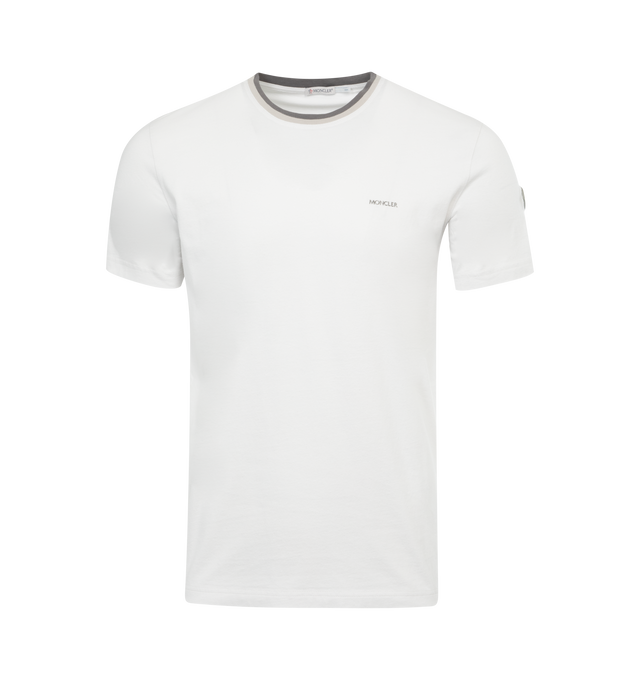 Image 1 of 2 - WHITE - MONCLER Logo T-Shirt featuring cotton jersey, crew neck, short sleeves, embossed logo lettering and synthetic material logo patch. 100% cotton. 