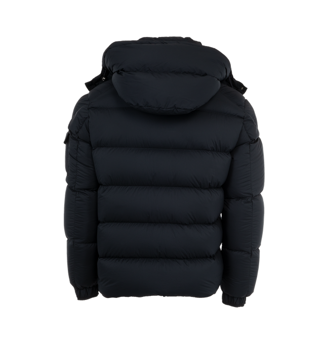Image 2 of 3 - NAVY - MONCLER Vezere Short Down Jacket featuring recycled longue saison, nylon lger brillant lining, down-filled, detachable and adjustable hood, zipper and snap button closure, zipped pockets, patch pocket on the sleeve, adjustable cuffs and hem with drawstring fastening. 100% polyamide/nylon. Padding: 90% down, 10% feather.