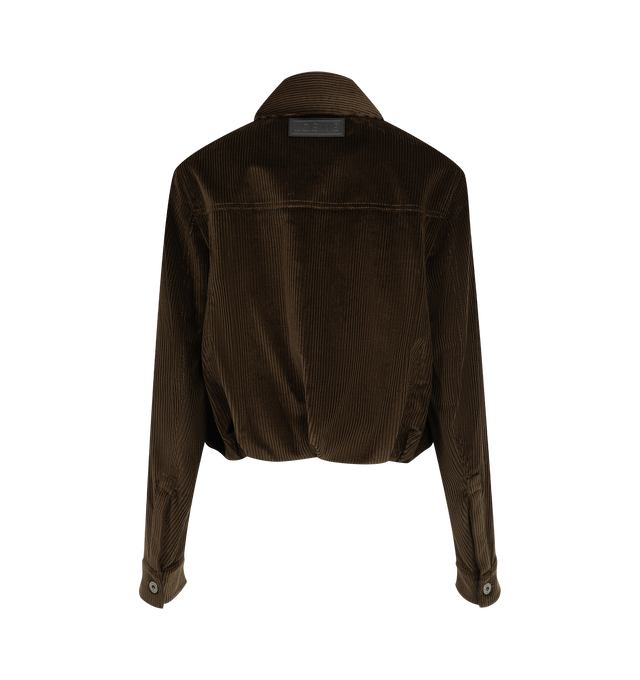 Image 2 of 3 - BROWN - Loewe Women's Jacket in Cotton Corduroy is crafted from medium-weight cotton corduroy and features a balloon silhouette with curved sleeves. Designed in a regular fit with a short length, this fully lined style is detailed with a button front fastening, buttoned chest patch pockets, vertical welt pockets, and leather-backed collar and cuffs. An embossed 'LOEWE' leather patch at the back completes the design. Main Material: Cotton . Fully Lined. Made in Italy.