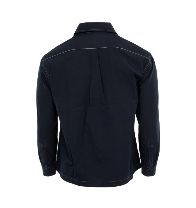 Image 2 of 3 - NAVY - AND WANDER 55 Dry Rip Shirt Jacket featuring logo-print to the front, reflective detailing, contrast stitching, pointed flat collar, front button fastening, two front patch pockets, long sleeves and straight hem. 89% polyester, 11% aramid. 