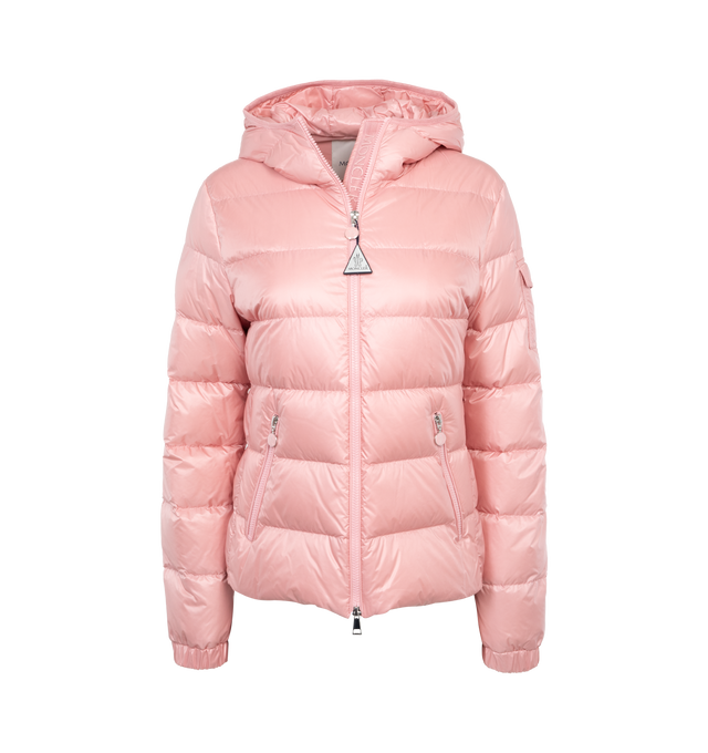 Image 1 of 3 - PINK - MONCLER Gles Down Jacket featuring longue saison lining, down-filled, hood, inner front flap, zipper closure, zipped pockets and chest pocket with snap button closure. 100% polyamide/nylon. Padding: 90% down, 10% feather. Made in Moldova. 