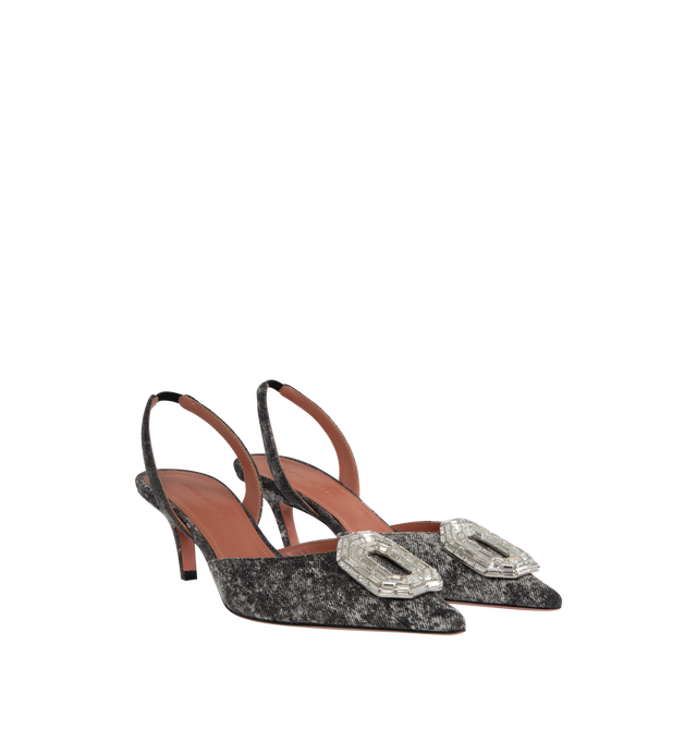 Image 2 of 4 - GREY - AMINA MUADDI Camelia Denim Slingback Pumps featuring pointed-toe silhouette, crystal brooch, slanted midi heel and slip on slingback. 60MM. Made in Italy. 