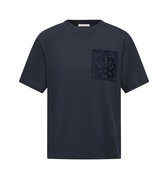 Image 1 of 2 - NAVY - MONCLER Macram T-Shirt featuring cotton jersey, Macram accents, ribbed crew neck and short sleeves. 100% cotton.