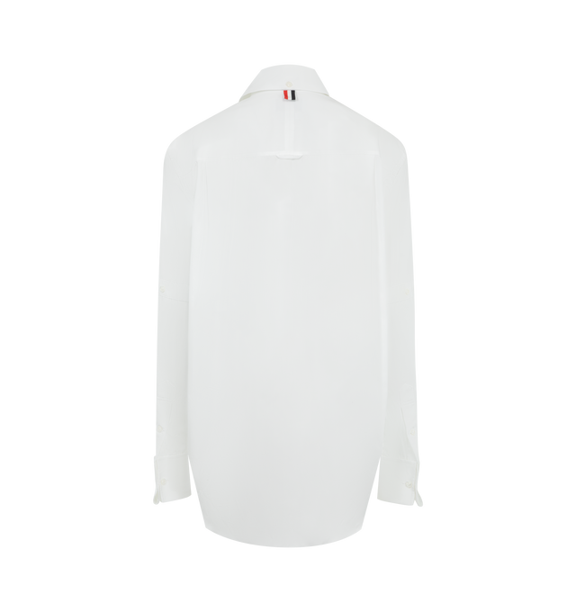 Image 2 of 2 - WHITE - THOM BROWNE Oversized Shirtdress featuring front button closure, button-down point collar, patch chest pocket, button-fastening self armbands, buttoned French cuffs, pleated back yoke with locker loop, curved hem, name tag appliqu and signature striped grosgrain loop tab. 100% cotton. Made in Italy.