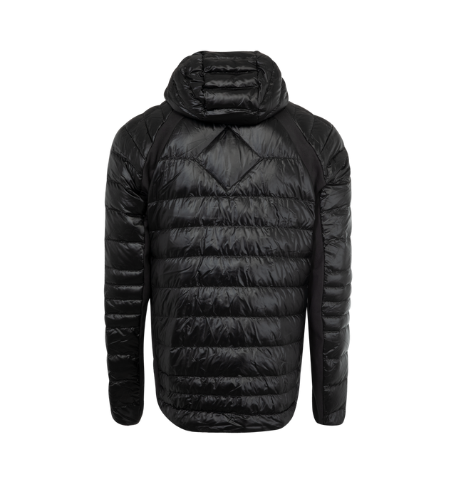 Image 2 of 3 - BLACK - CANADA GOOSE HyBridge Lite Hoody featuring down-filled hood with stretch binding, storm flap underneath two-way zipper, cuffs with discreet thumbhole construction, tricot-lined chin guard, two exterior mesh-lined hand pockets with zipper closures, two interior lower drop-in pockets and packable into wearer's exterior right pocket. 100% recycled polyamide. Fill: 90% down, 10% feathers.
