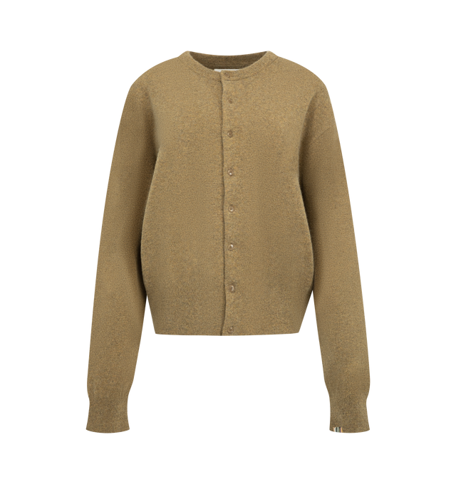 Image 1 of 2 - NEUTRAL - Extreme Cashmere Women's Luce Cardigan is crafted from cashmere and features a classic crew neckline, eight corozo button closures, and a comfort fit with dropped shoulders. Designed with a relaxed silhouette, this knit is finished with ribbed cuffs, hem, and neckline for added structure. Main Material: 88% Cashmere, 10% Nylon, 2% Elastane.