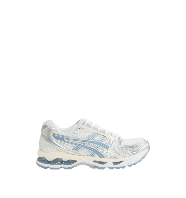 Image 1 of 5 - BLUE - Asics GEL-Kayano 14 Sneakers are lace-up style with rip-stop underlays, GEL cushioning, and TRUSSTIC support system. Unisex style in men's sizing.
