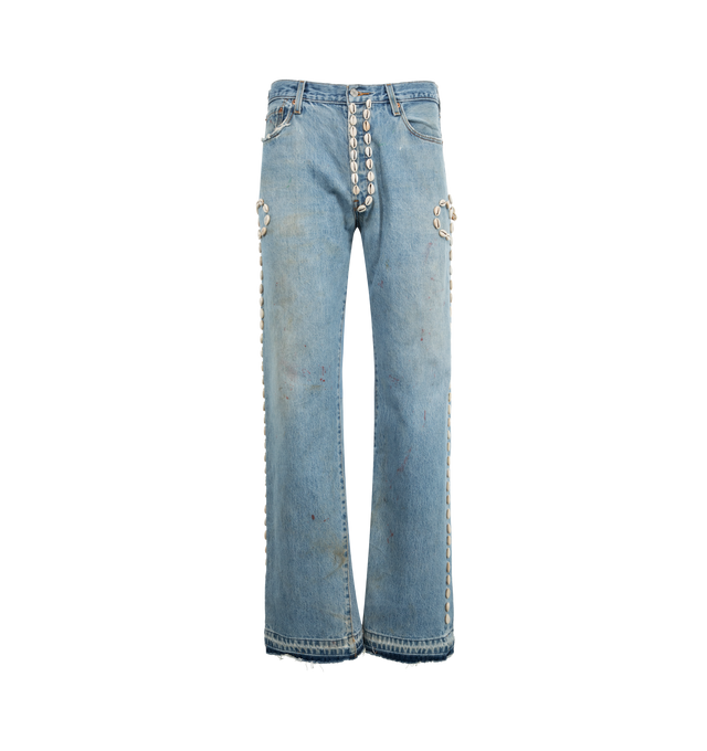 Image 1 of 3 - BLUE - BARRIERS Cowrie Shell Denim Jeans featuring straight leg, paneled construction, distressed throughout, five-pocket styling, hand embellished and belt loops. 100% cotton. Made in USA.