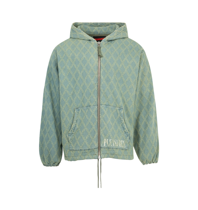 Image 1 of 2 - BLUE - PLEASURES Diamond Jacquard Hoodie featuring zip front closure, fixed hood, elastic cuffs, drawstring hem, two front pockets and logo on front and back.