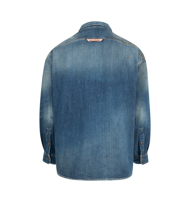 Image 2 of 2 - BLUE - ACNE Denim Button-up Shirt featuring relaxed unisex fit, regular length, paint marks, holes, and dirt marks, center-front branded button closure and back yoke pleats. 100% cotton.