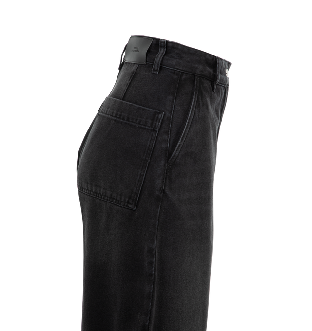 Image 3 of 3 - BLACK - Studio Nicholson Chalco Denim Pants are cut wide and cropped, with a curved leg and dropped crotch, constructed from a recycled denim thats been garment dyed for a soft, easy-wearing finish. Featuring button waist, belt loops, side slash pockets and back patch pockets. 71% Cotton, 16% Reused Cotton, 13% Recycled Polyester.