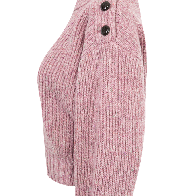 Image 3 of 3 - PINK - CHLOE Cropped Mock-Neck Sweater in Donegal wool featuring shiny leather buttons at the left shoulder, ribbed trims and straight fit. 100% Merino wool. Buttons: 80% Cowhide, 15% Paperboard, 5% Zamak.