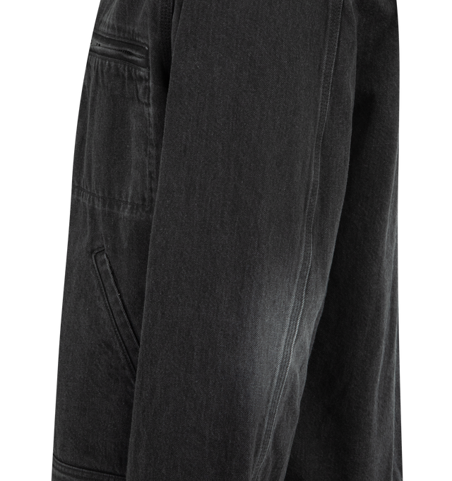 Image 3 of 3 - BLACK - THE ROW Tarquin Jacket featuring a relaxed denim jacket in richly textured black denim with contrast corduroy collar, slant welt pockets, interior chest pocket and front zipper closure. Crafted from spun and dyed natural cotton, the fabric offers a deep nuanced color and intentional unevenness that develops character over time. 100% cotton. Made in Japan.