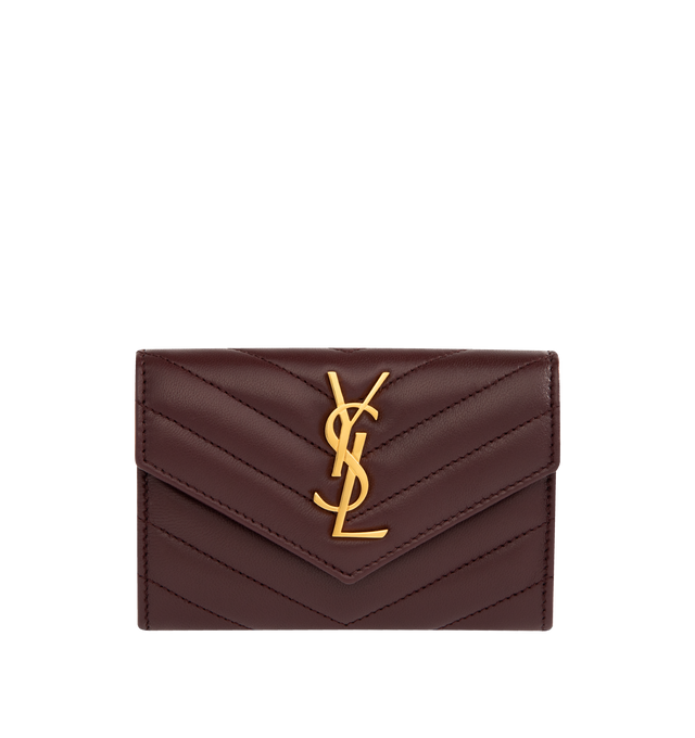 Image 1 of 3 - RED - SAINT LAURENT Small Envelope Wallet featuring quilted overstitching, leather lining, snap button closure, one flat pocket at back, four card slots and one open compartment. 5.3" X 3.7" X 1.2". 100% lambskin.