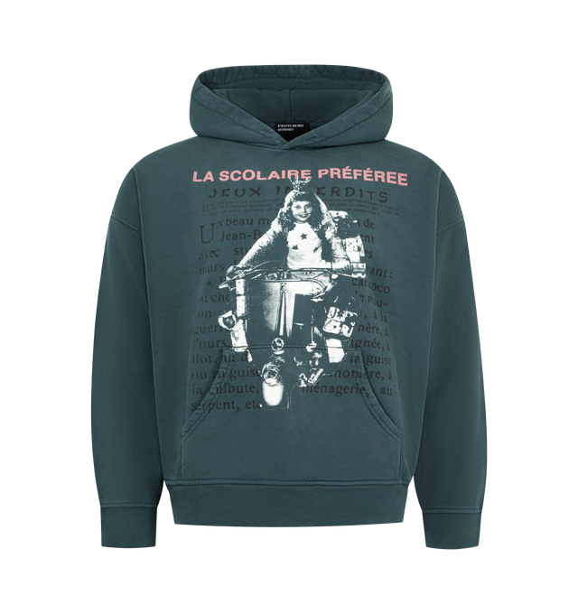 Image 1 of 2 - GREEN - ENFANTS RICHES DEPRIMES La Scolaire Prfree Hoodie featuring long sleeves, double layer hood, pull over, slightly cropped, ribbed knit cuffs and waistband, printed artwork at front and back and vintage wash. Made in USA.