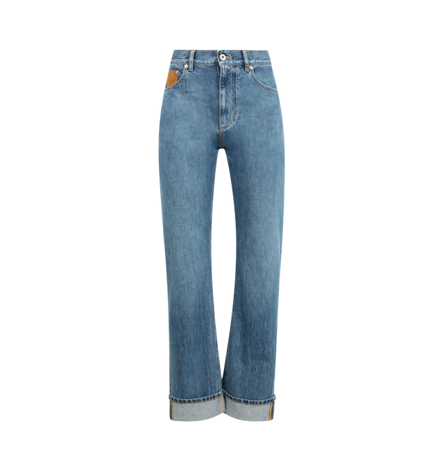 Image 1 of 3 - BLUE - BOTTEGA VENETA Straight Jeans featuring straight leg, turned up hem, an Intrecciato suede patch on the front, button closure and 5 pocket style. 100% cotton. Made in Italy.