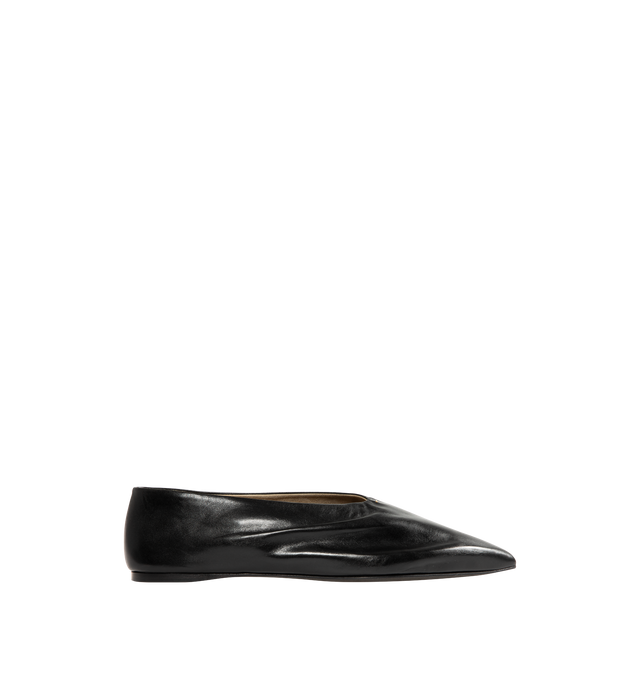 Image 1 of 4 - BLACK - Khaite Miriam ballerina flat inspired by the soft folds of fabric and crafted in Italy of glazed calfskin selected for its luminous shine. The deconstructed body is lined in cigar-hued suede, accentuating a natural fit that moves with the foot. Detailed with signature gold staple. Made in Italy. Glazed calf (100% calfskin).