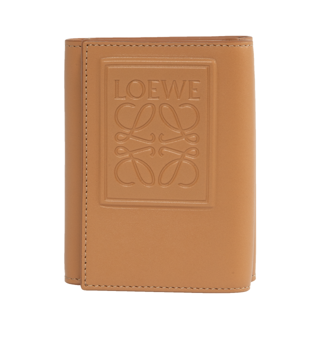 Image 1 of 4 - BROWN - LOEWE Trifold Wallet featuring debossed LOEWE Anagram patch, snap button closure, six card slots and large pocket for notes, coin compartment and calfskin lining. Satin Calf. 3.1 x 4 x 1.5 inches. Made in Spain. 