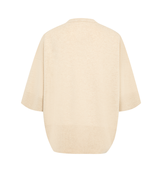 Image 2 of 2 - NEUTRAL - Extreme Cashmere Women's N433 Sassie Sweater is crafted from medium-weight cashmere and features a relaxed fit with a classic crew neckline, elbow-length short sleeves, and rib-knit trims at the neckline, cuffs, and hem. This designer cashmere sweater combines exceptional softness with timeless comfort, making it a versatile wardrobe staple that transitions effortlessly from casual to elevated styling. Main Material: 100% Cashmere.