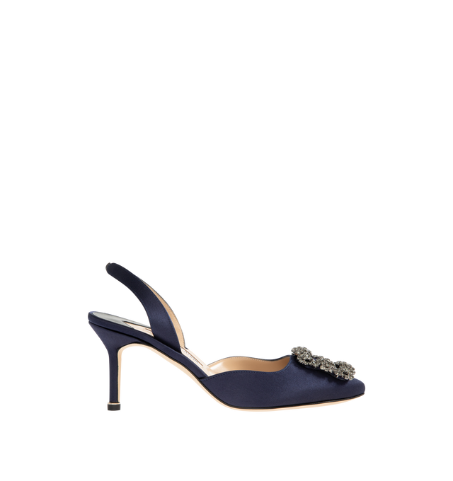 Image 1 of 4 - NAVY - MANOLO BLAHNIK Hangisli Slingback Pumps featuring satin almond toe slingback pump, elasticated slingback ankle strap, square crystal buckle and stiletto mid heel. 68% viscose, 32% silk. Lining: 100% kid leather. Heel measures 70 mm. Made in Italy.