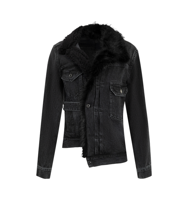 Image 1 of 2 - BLACK - Sacai Women's faux fur-trimmed cinched denim jacket featuring an asymmetric button placket and a plush black collar. Material: Cotton Denim, Polyester Faux Fur.