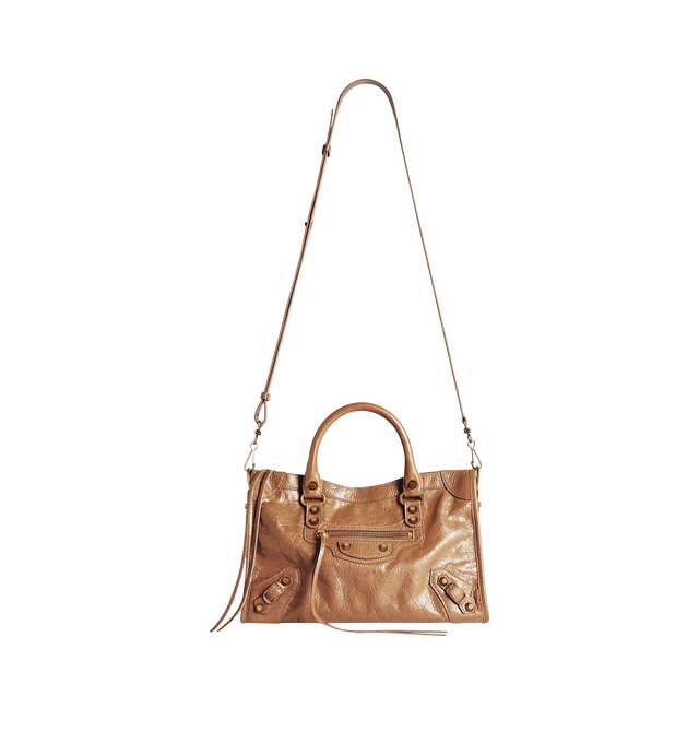 Image 3 of 4 - BROWN - BALENCIAGA Le City Bag Small featuring arena lambskin, two leather hand-braided handles, removable and adjustable shoulder strap, brass hardware, zipped closure with knotted leather puller, front zipped pocket with knotted leather puller, 1 inner zipped pocket and cotton canvas lining. Lambskin. 11.8" x 7.5" x 3.8". Made in Italy.