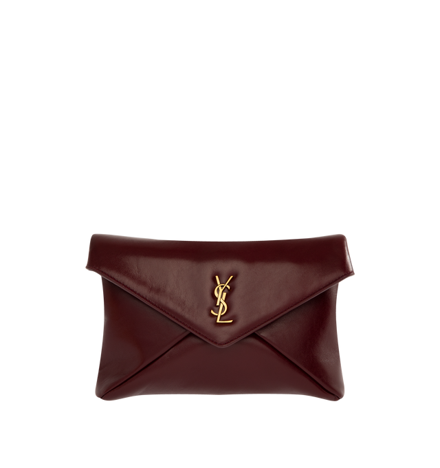 Image 1 of 3 - RED - SAINT LAURENT Chain Pouch featuring shiny calfskin, decorated with the CASSANDRE, may be carried by hand as a clutch or on the shoulder, leather lining, bronze-tone hardware, magnetic closure and one card slot. 7.5" x 4.7" x 1.2". Calfskin. Made in Italy.
