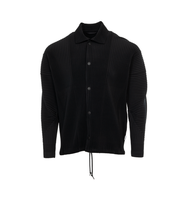 Image 1 of 3 - BLACK - ISSEY MIYAKE Long Sleeve Shirt featuring spread collar, press-stud closure, welt pockets, concealed drawstring at hem, dropped shoulders and unlined. 100% polyester. Made in Japan. 
